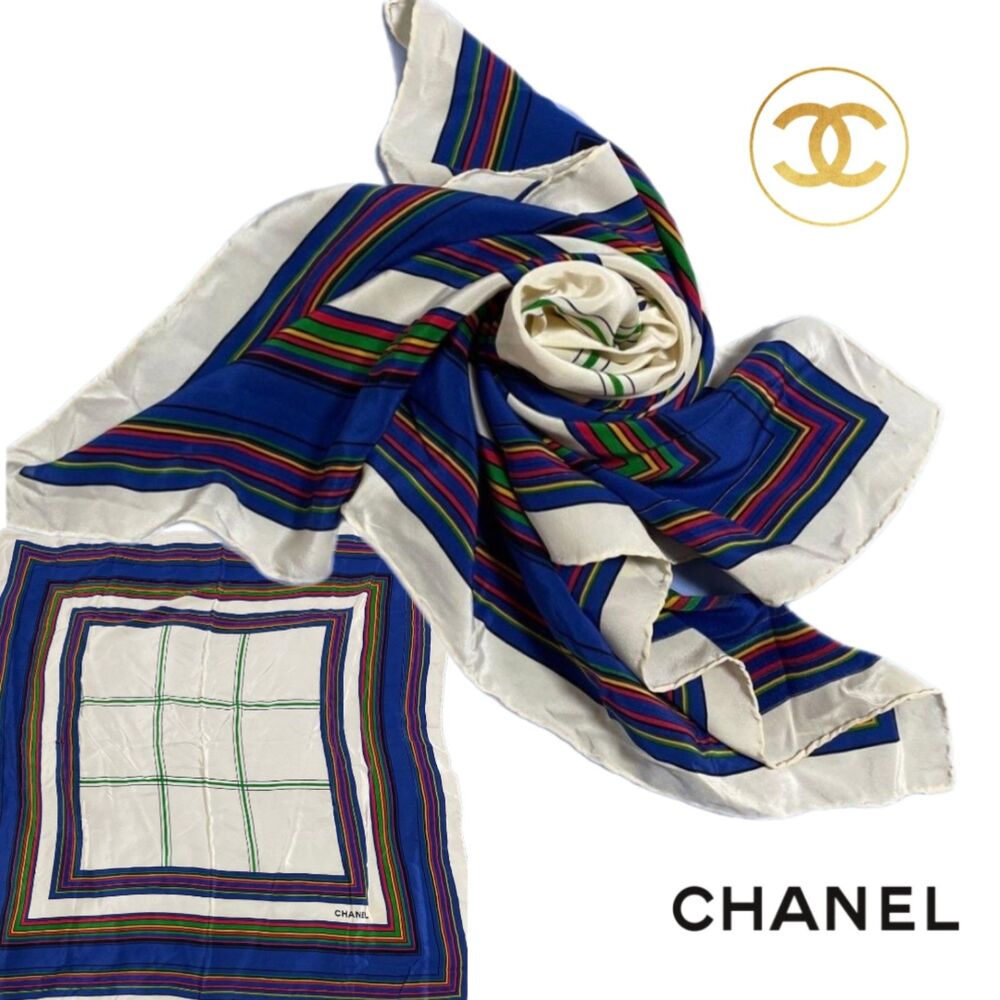 Chanel -ONLY ONE- Authentic Blue & Colorful Stripe Large 34" Silk Scarf, Vintage